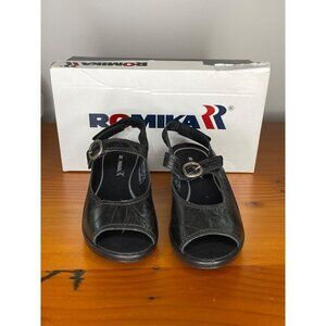 Romika Womens Black Leather Heeled Shoe With Adjustable Straps & Buckle Accent
